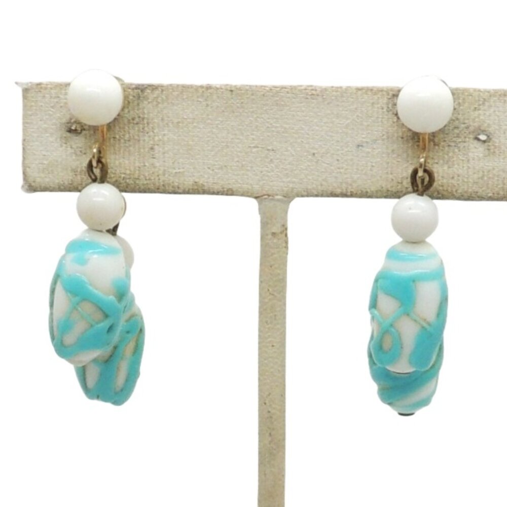 Vintage Signed Napier White & Turquoise Art Glass Drops Clip Earrings